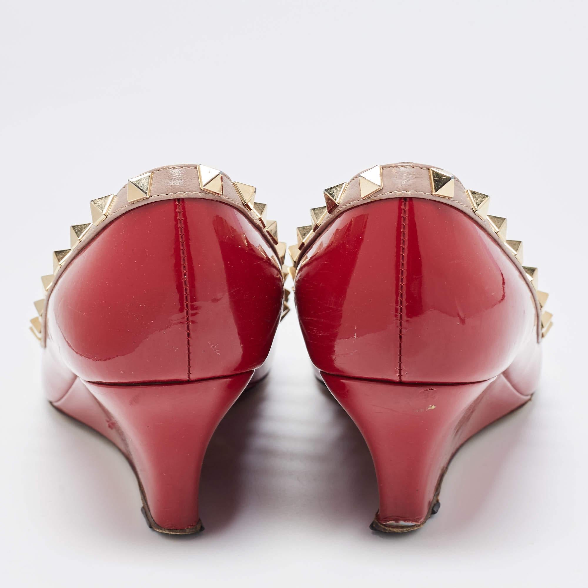 Women's Valentino Red/Beige Patent and Leather Wedge Rockstud Pumps Size 39