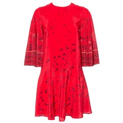 Valentino Red Bird Printed Silk Bell Sleeve Detail Flared Dress S