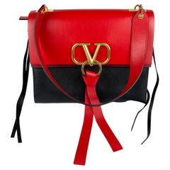 Valentino Red Black Leather VRING Medium Shoulder Bag with Tassels