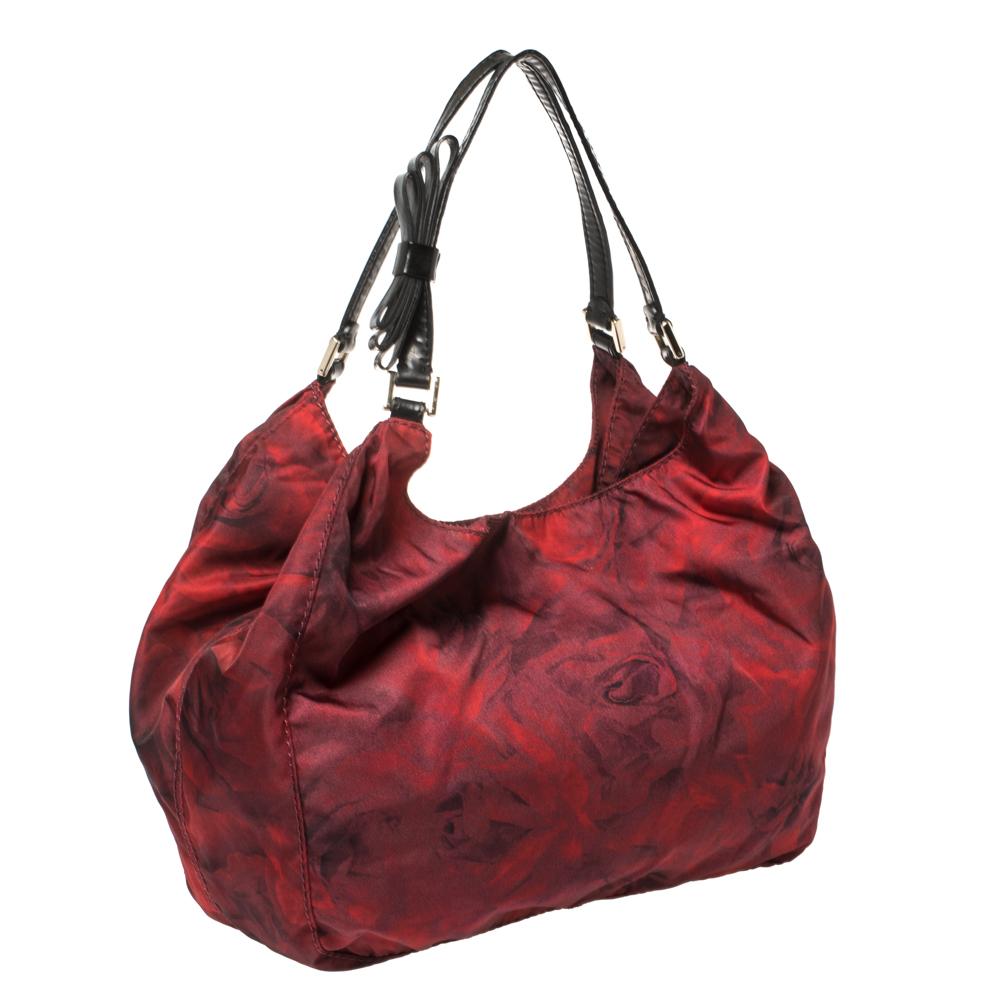 Brown Valentino Red/Black Rose Printed Nylon Bow Handles Shoulder Bag