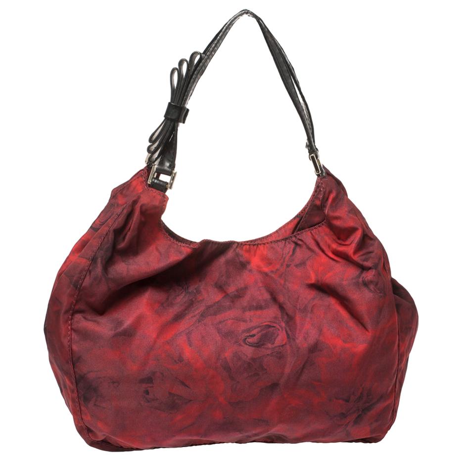 Valentino Red/Black Rose Printed Nylon Bow Handles Shoulder Bag