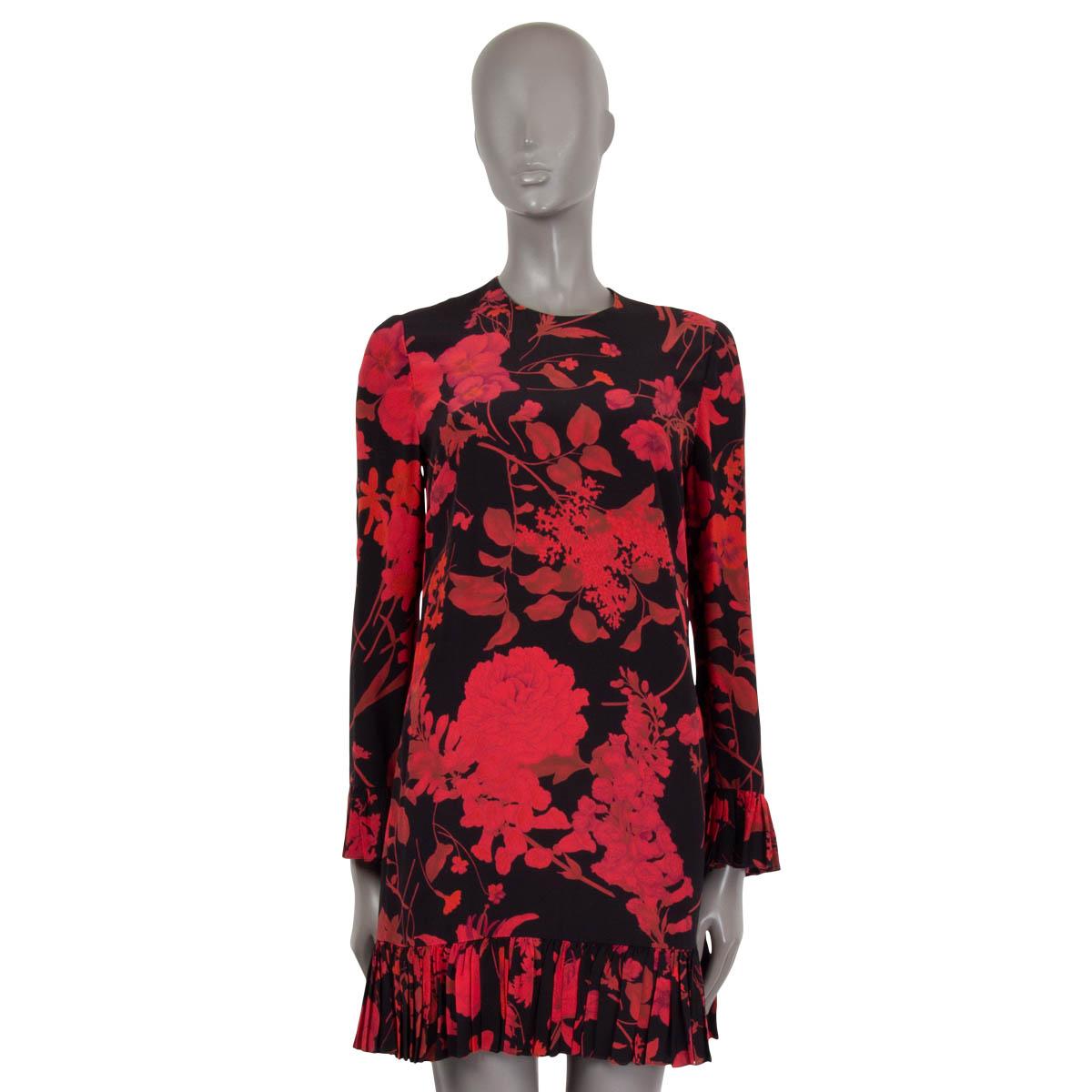 Brown VALENTINO red black silk 2019 RUFFLED FLORAL CREPE SHIFT Dress 38 XS For Sale