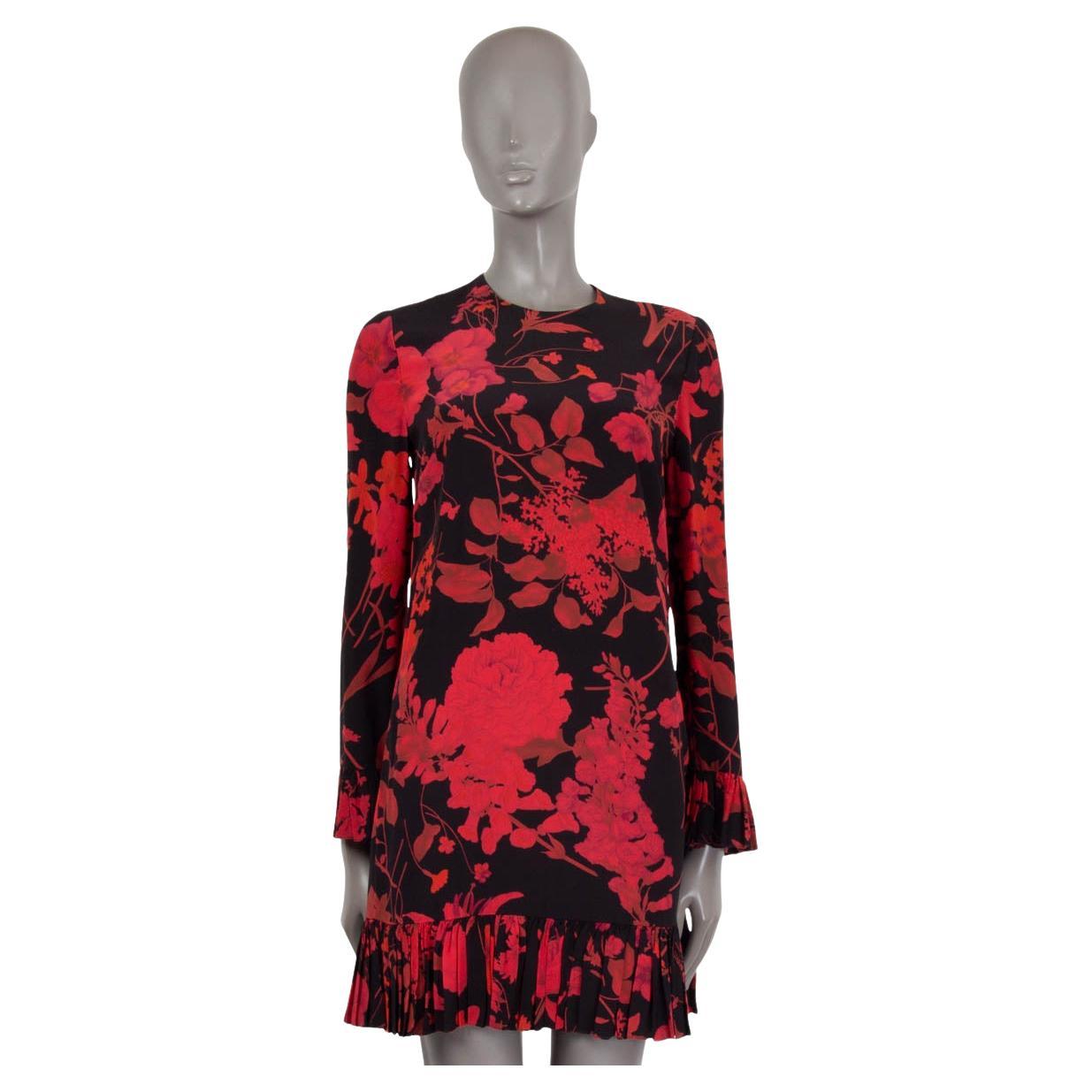 VALENTINO red black silk 2019 RUFFLED FLORAL CREPE SHIFT Dress 38 XS For Sale