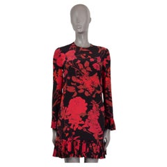 VALENTINO red black silk 2019 RUFFLED FLORAL CREPE SHIFT Dress 38 XS