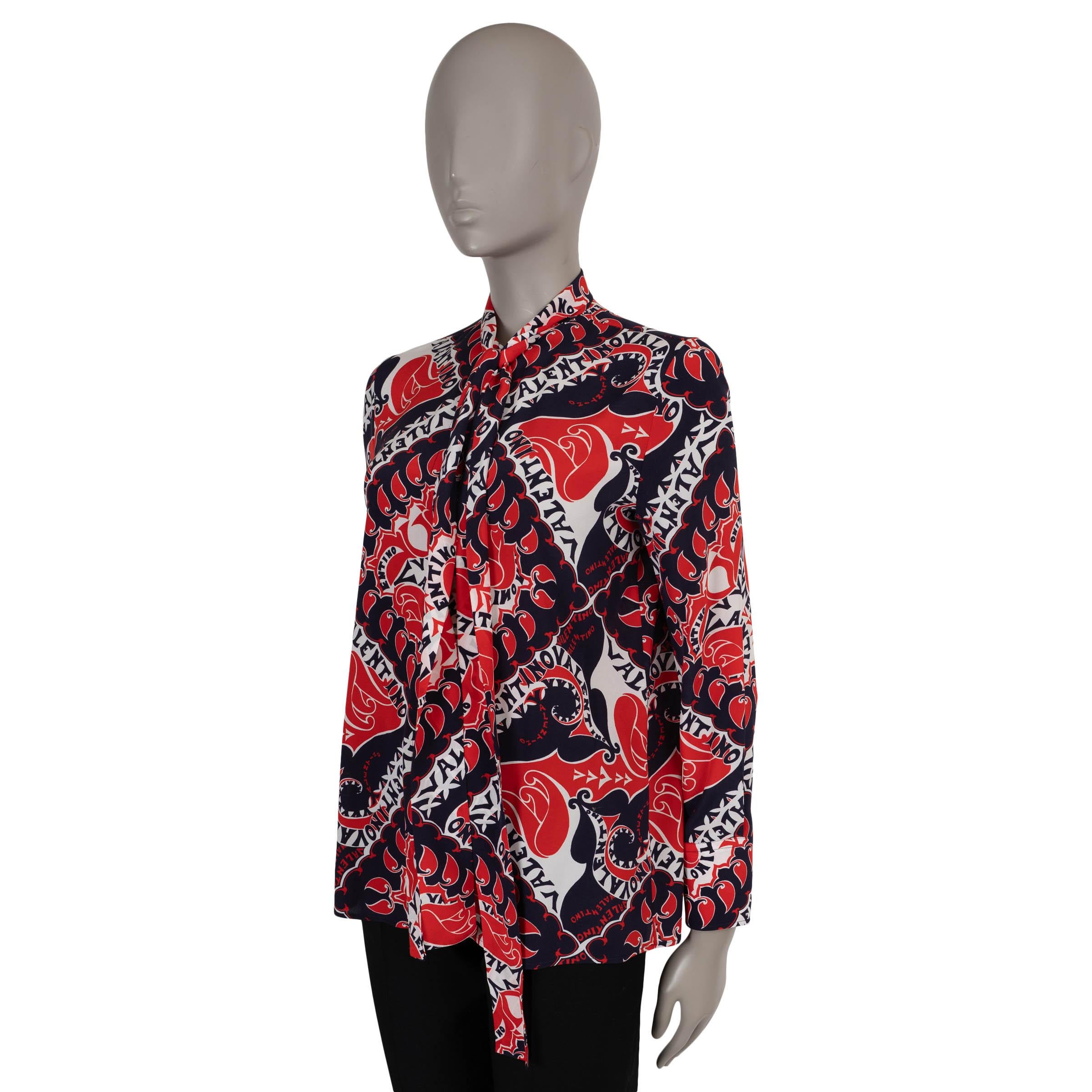 Black VALENTINO red blue white silk 2022 MANIFESTO TIE-NECK Blouse Shirt XS