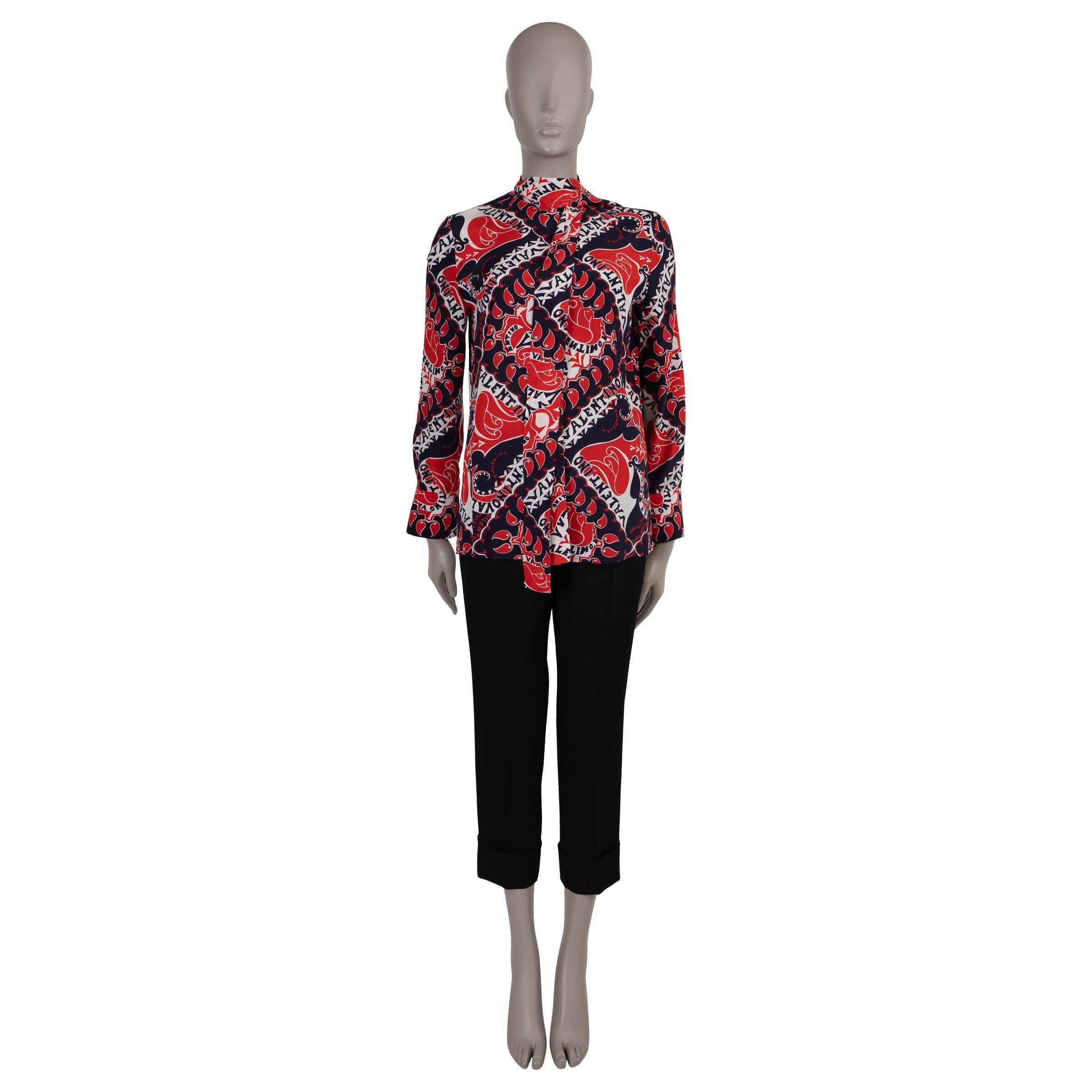 Women's VALENTINO red blue white silk 2022 MANIFESTO TIE-NECK Blouse Shirt XS