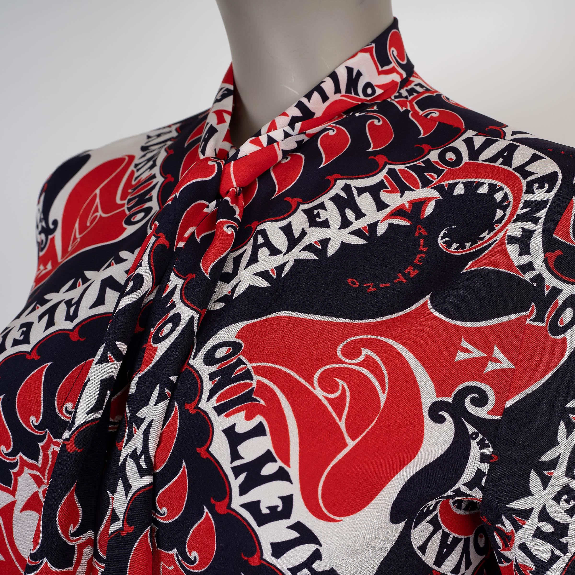 VALENTINO red blue white silk 2022 MANIFESTO TIE-NECK Blouse Shirt XS 1
