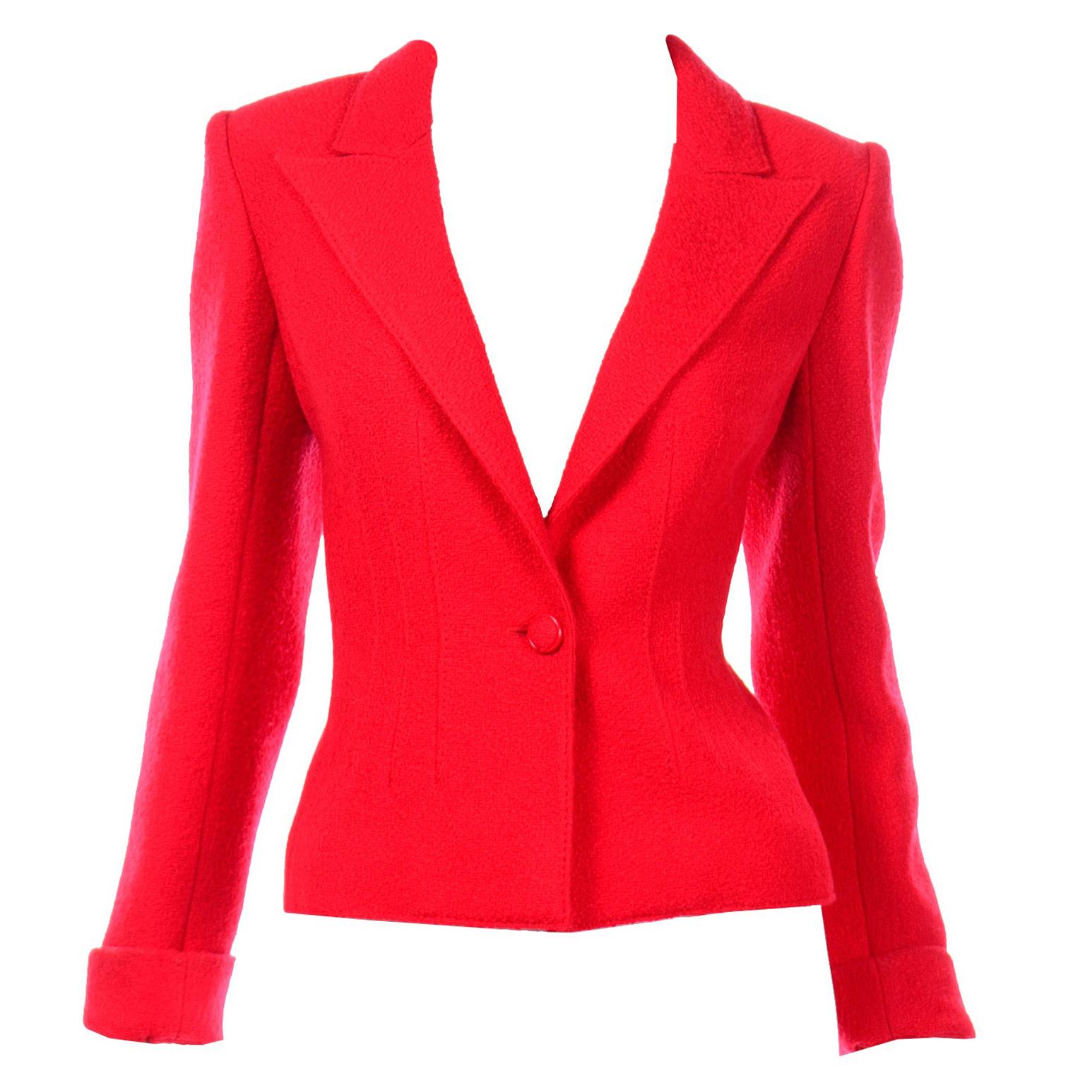 Valentino Red Boucle Wool Short Single Button Blazer Jacket