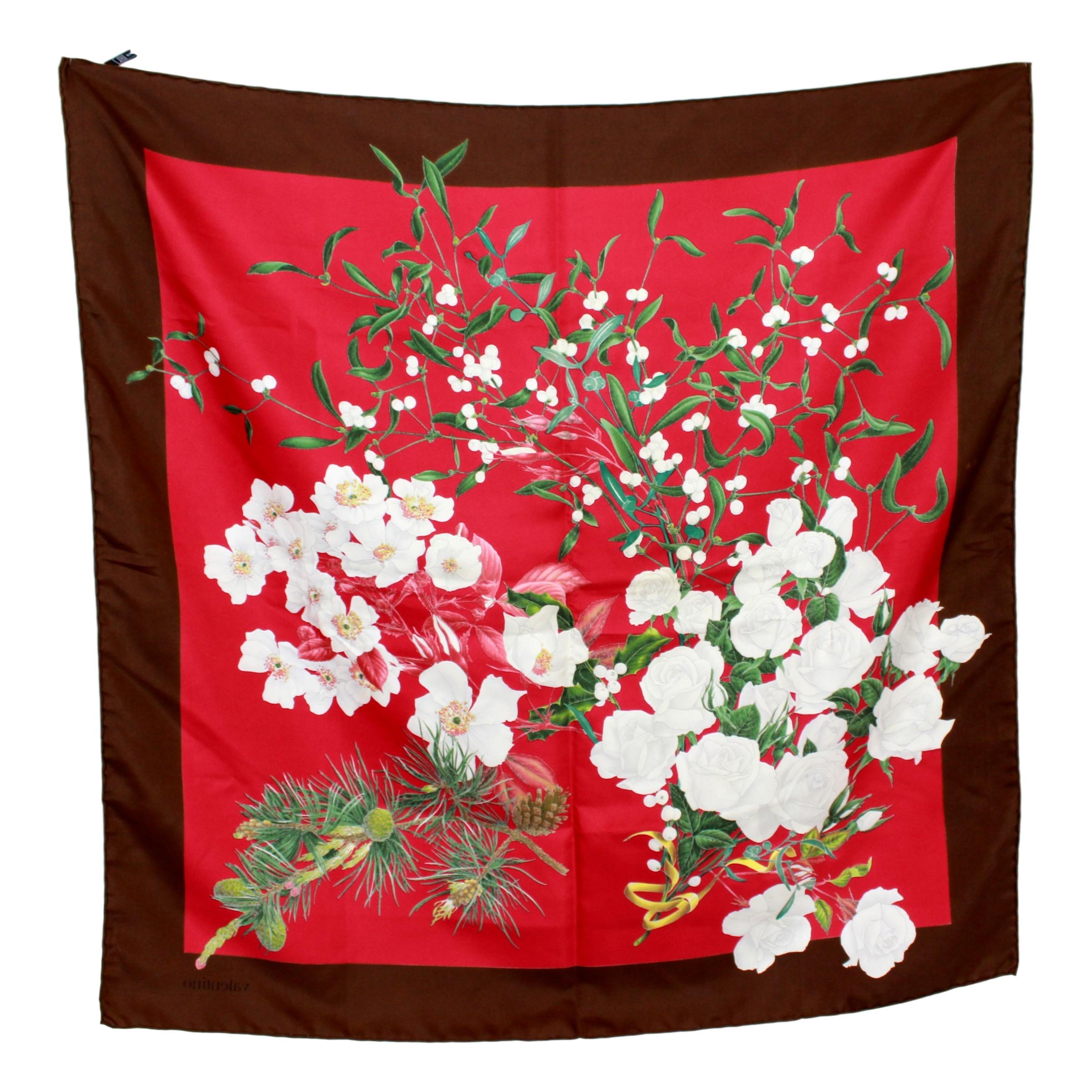Valentino Red Brown Silk Floral Scarf 1980s In Good Condition In Brindisi, Bt