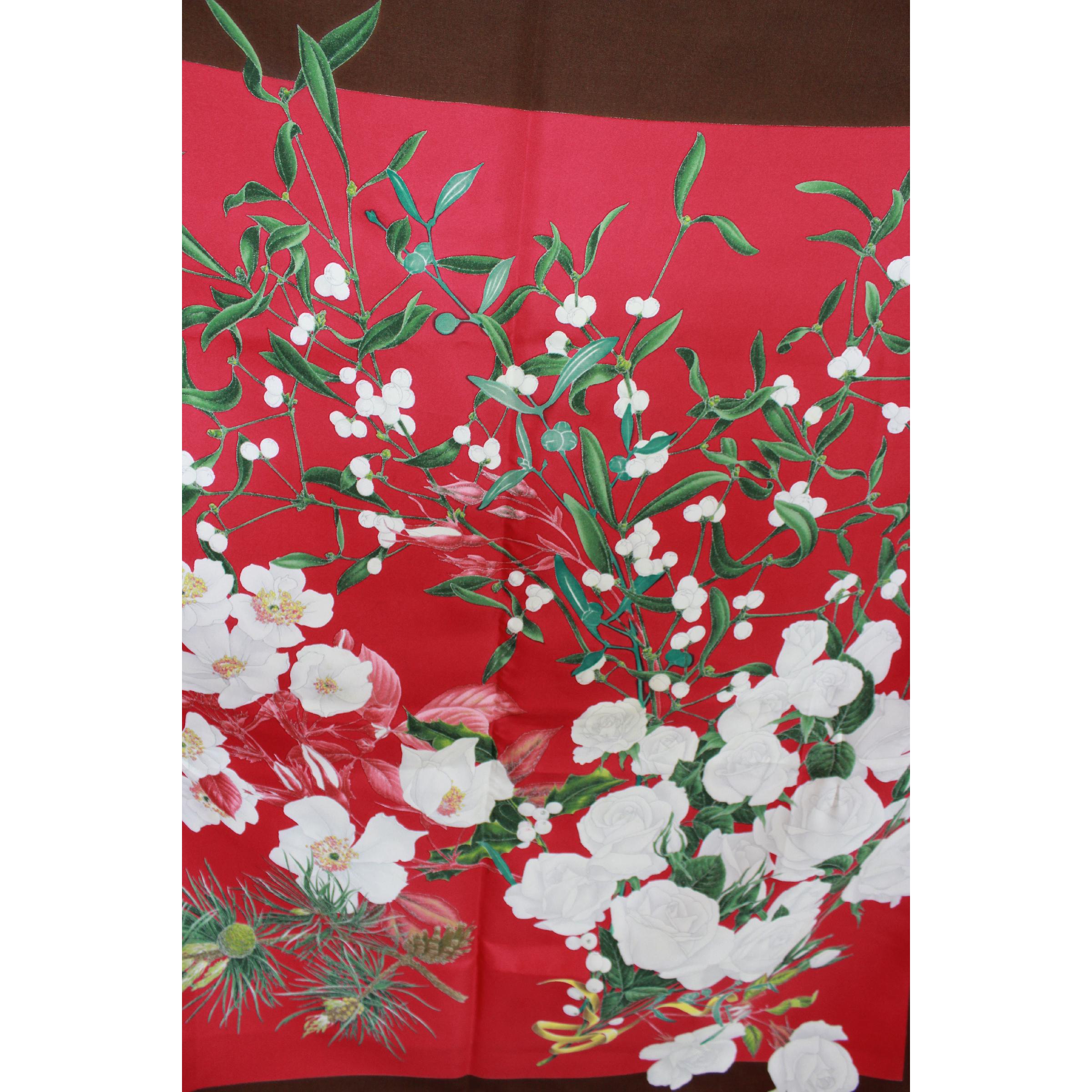 Women's Valentino Red Brown Silk Floral Scarf 1980s