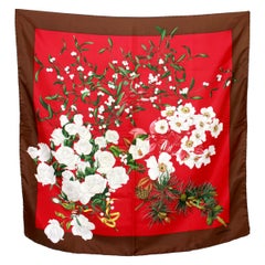Vintage Valentino Red Brown Silk Floral Scarf 1980s
