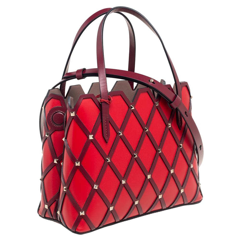 Women's Valentino Red/Burgundy Leather Beehive Tote