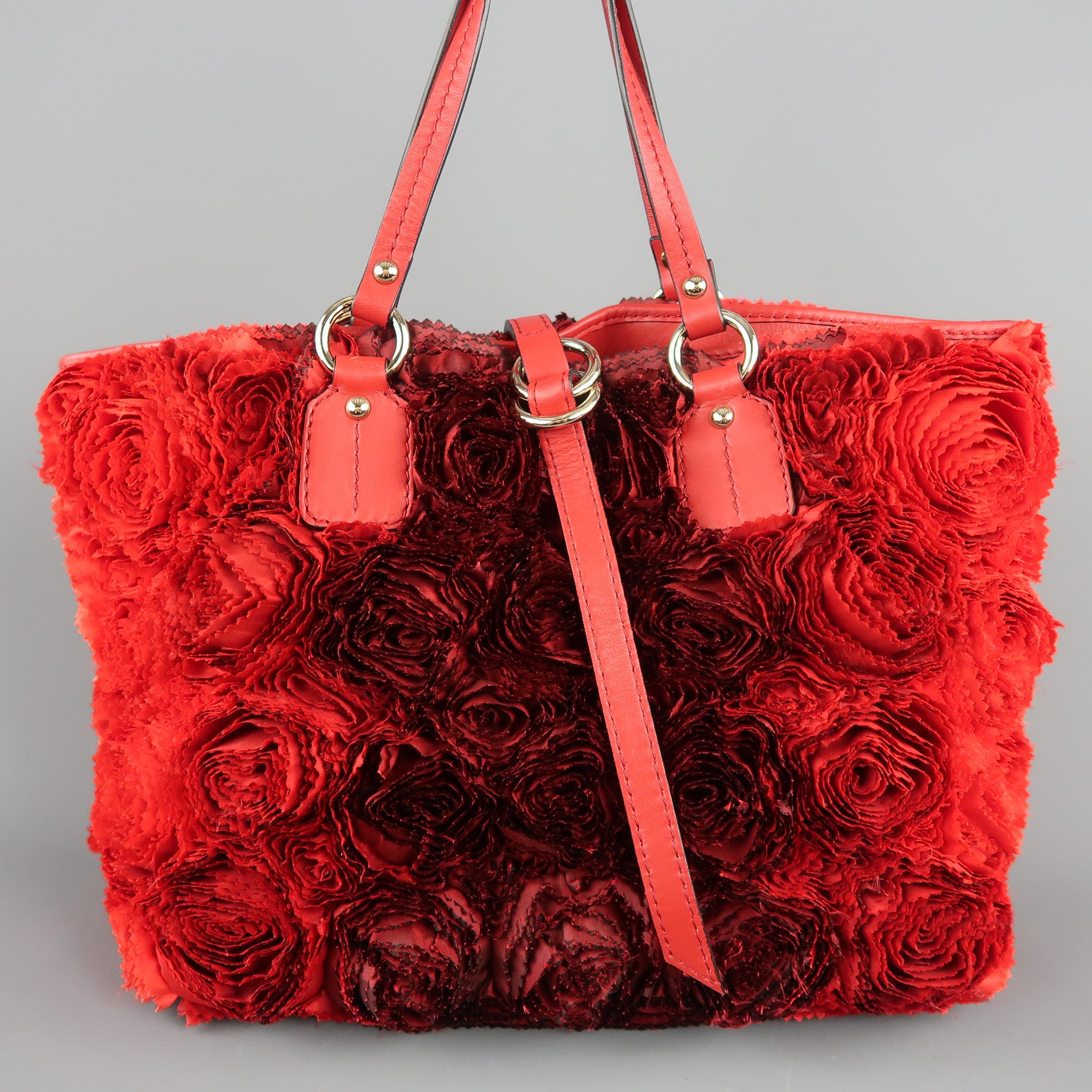 VALENTINO Red & Burgundy Ombre Silk Rosette & Red Leather ROSIER Tote Bag 4
