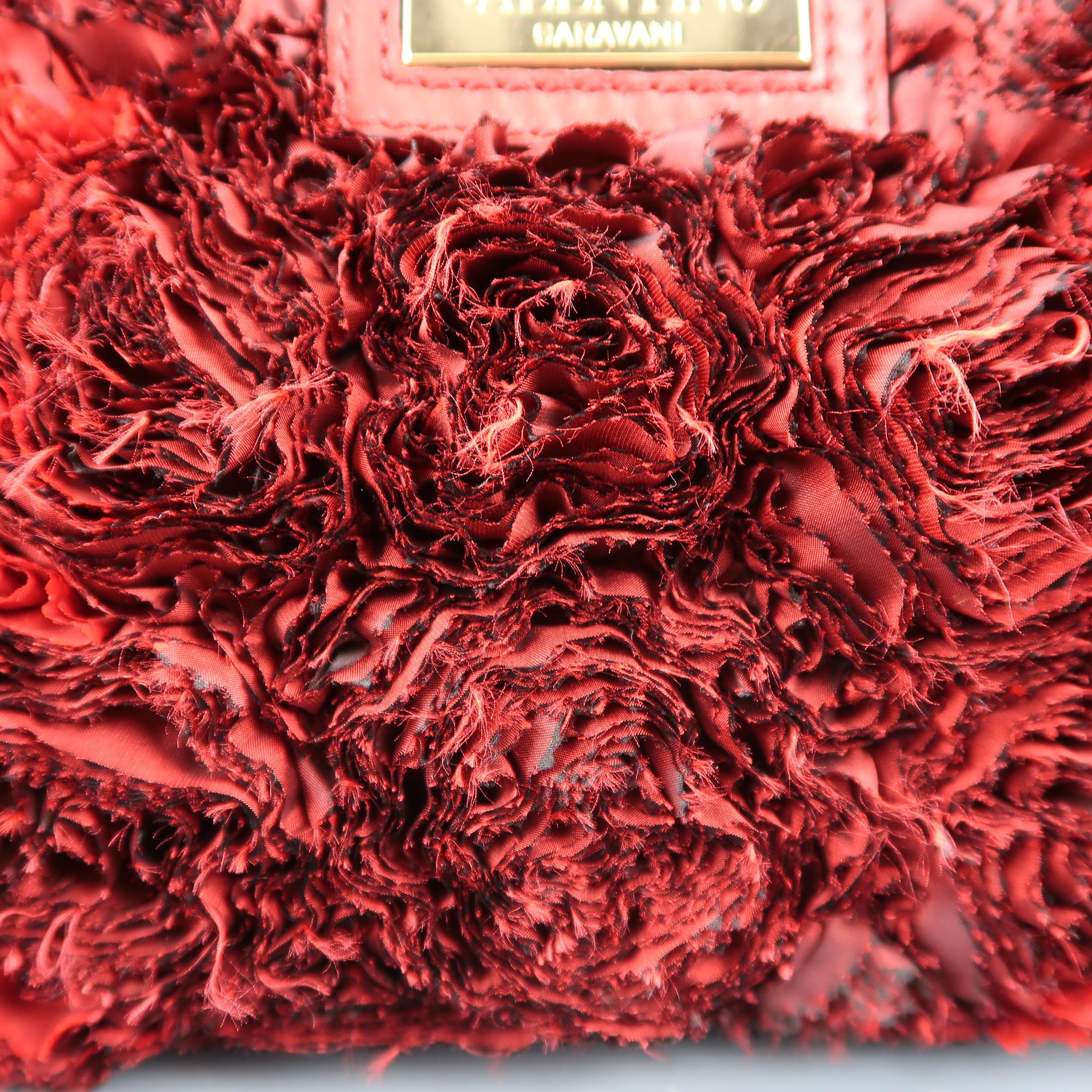 VALENTINO Red & Burgundy Ombre Silk Rosette & Red Leather ROSIER Tote Bag In Excellent Condition In San Francisco, CA