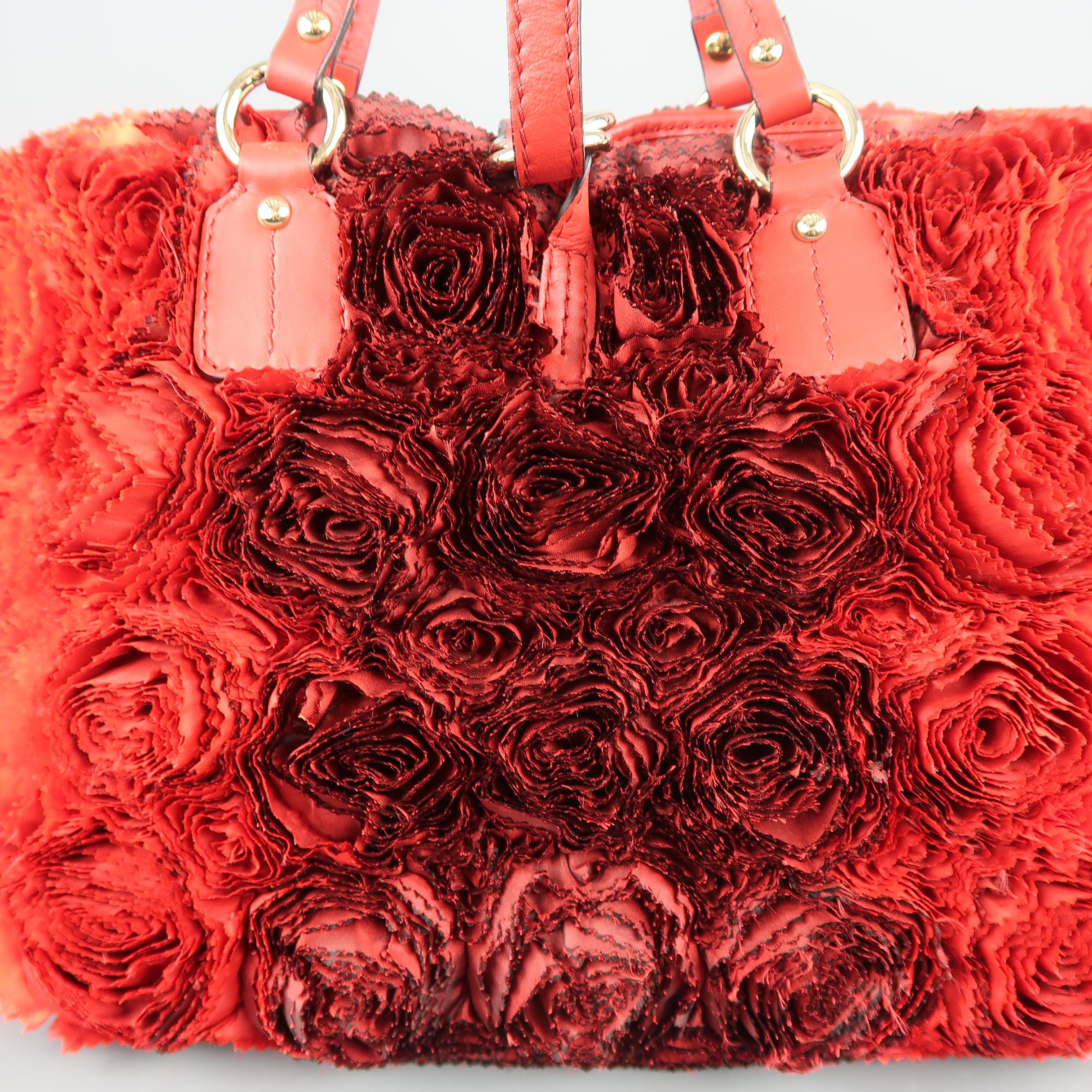 Women's VALENTINO Red & Burgundy Ombre Silk Rosette & Red Leather ROSIER Tote Bag