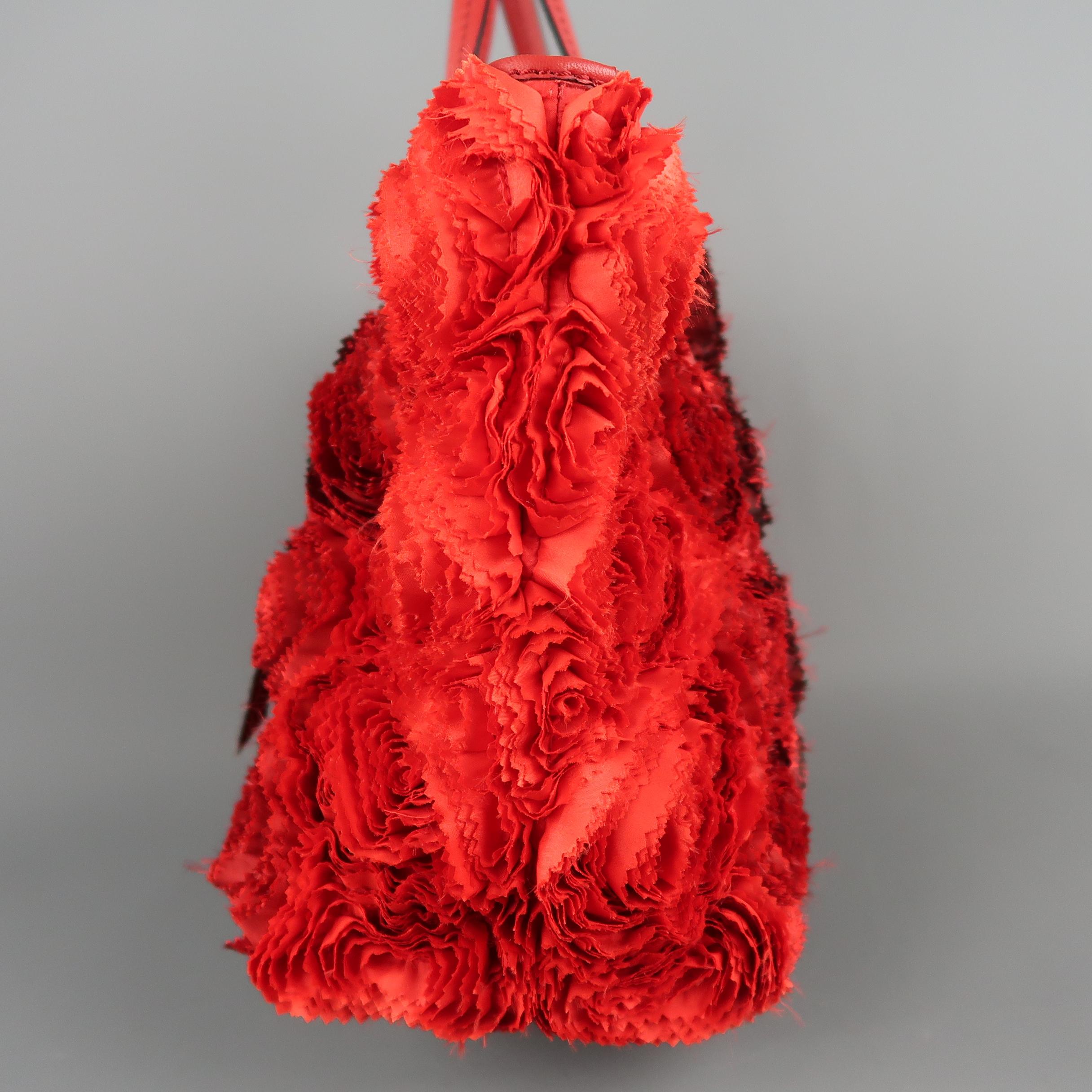 VALENTINO Red & Burgundy Ombre Silk Rosette & Red Leather ROSIER Tote Bag 1