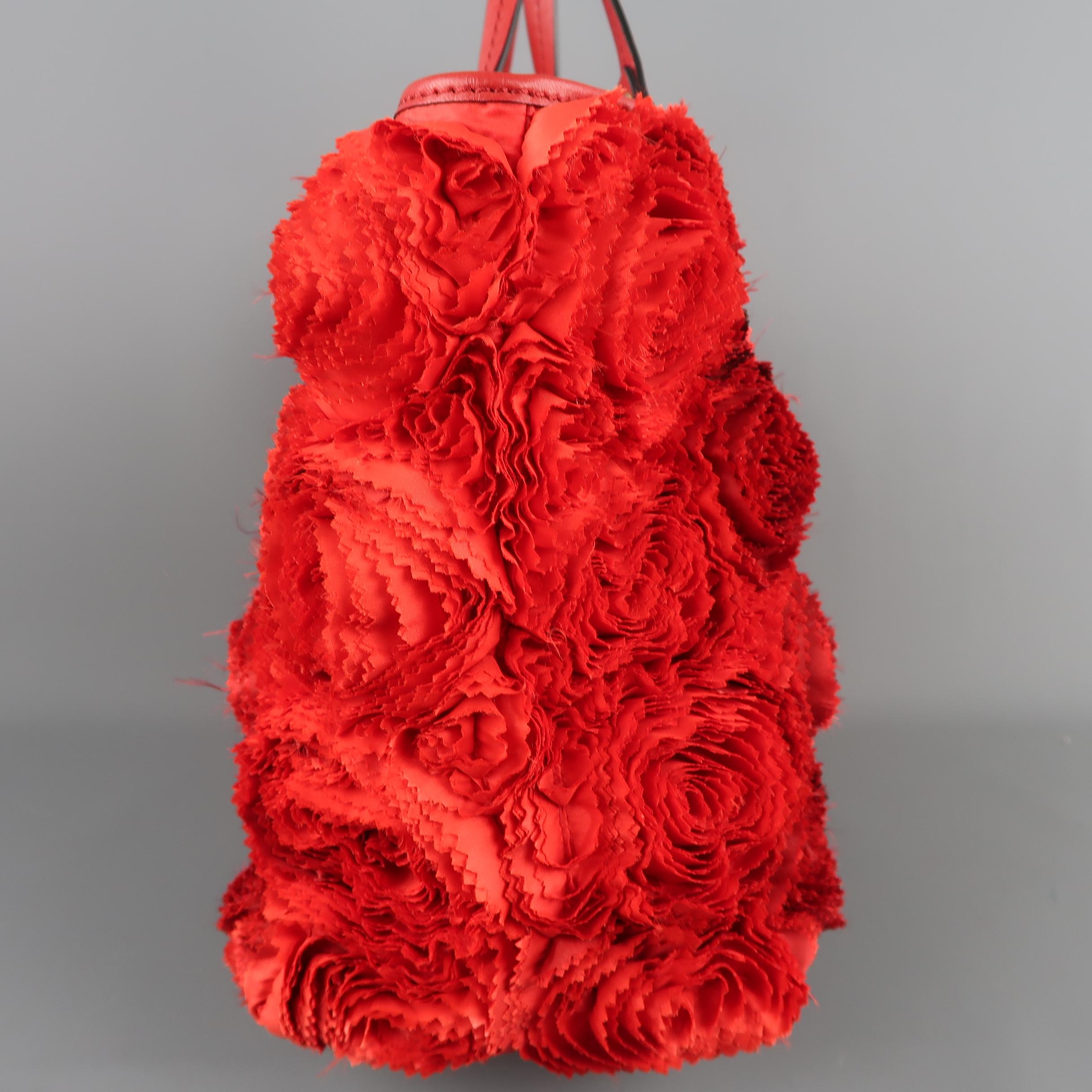 VALENTINO Red & Burgundy Ombre Silk Rosette & Red Leather ROSIER Tote Bag 2
