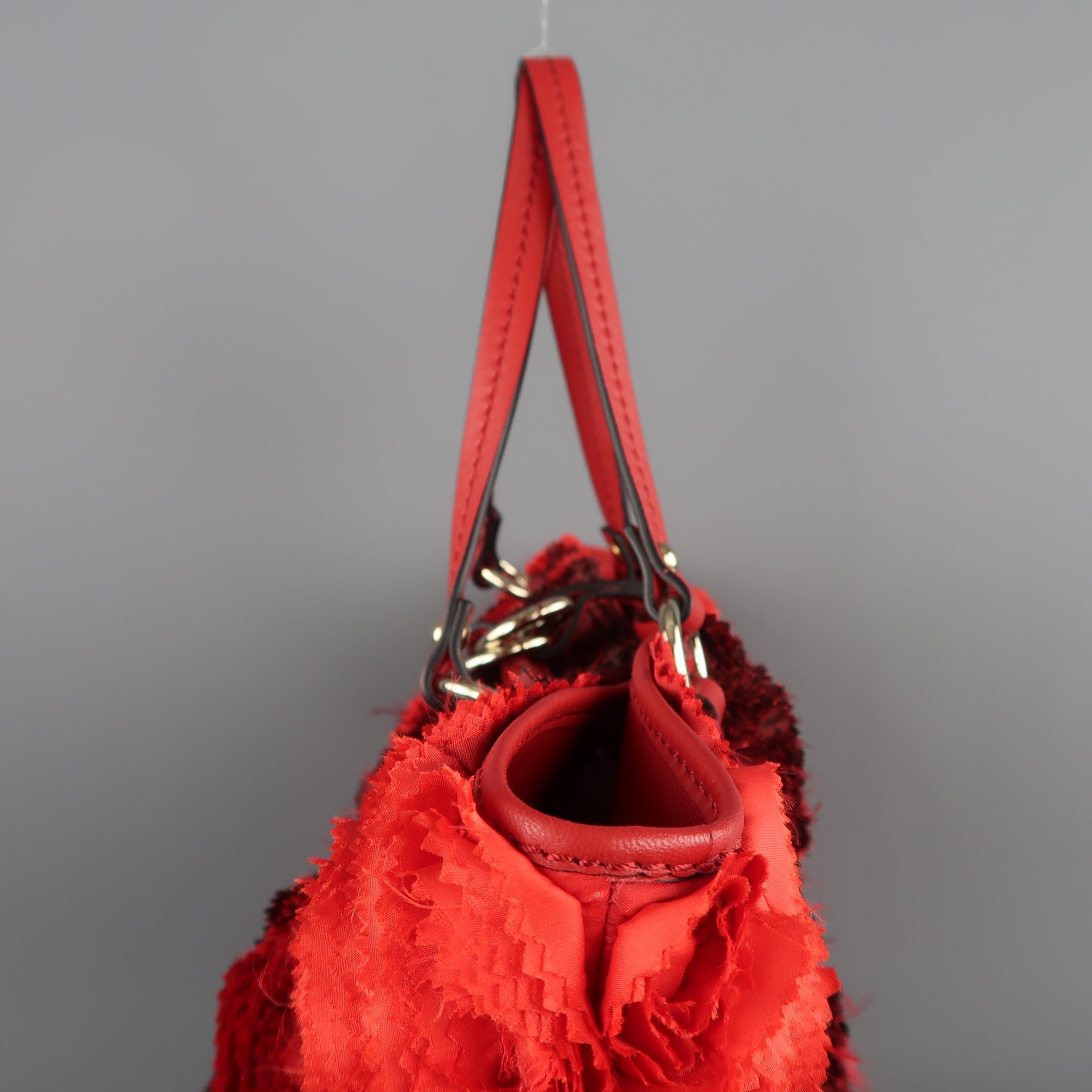 VALENTINO Red & Burgundy Ombre Silk Rosette & Red Leather ROSIER Tote Bag 3