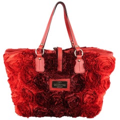VALENTINO Red & Burgundy Ombre Silk Rosette & Red Leather ROSIER Tote Bag