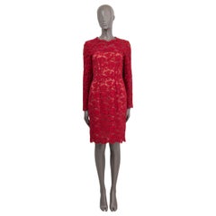 VALENTINO red cotton FLORAL GIUPURE LACE Long Sleeve Shift Dress 40 S