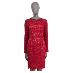 VALENTINO Robe droite à manches longues en coton rouge FLORAL GIUPURE LACE 40 S