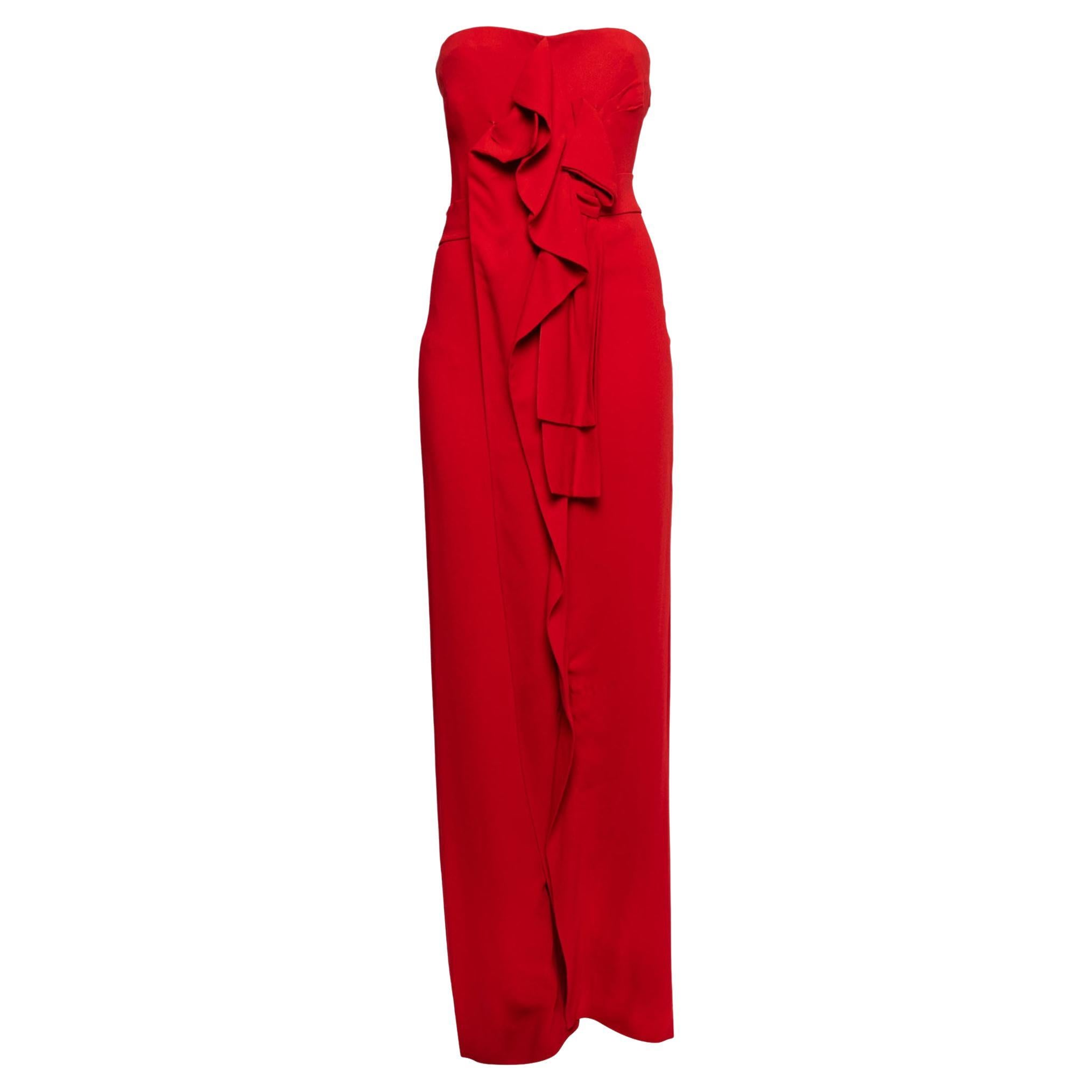 Valentino Red Crepe Ruffle Detail Strapless Maxi Dress M For Sale at 1stDibs