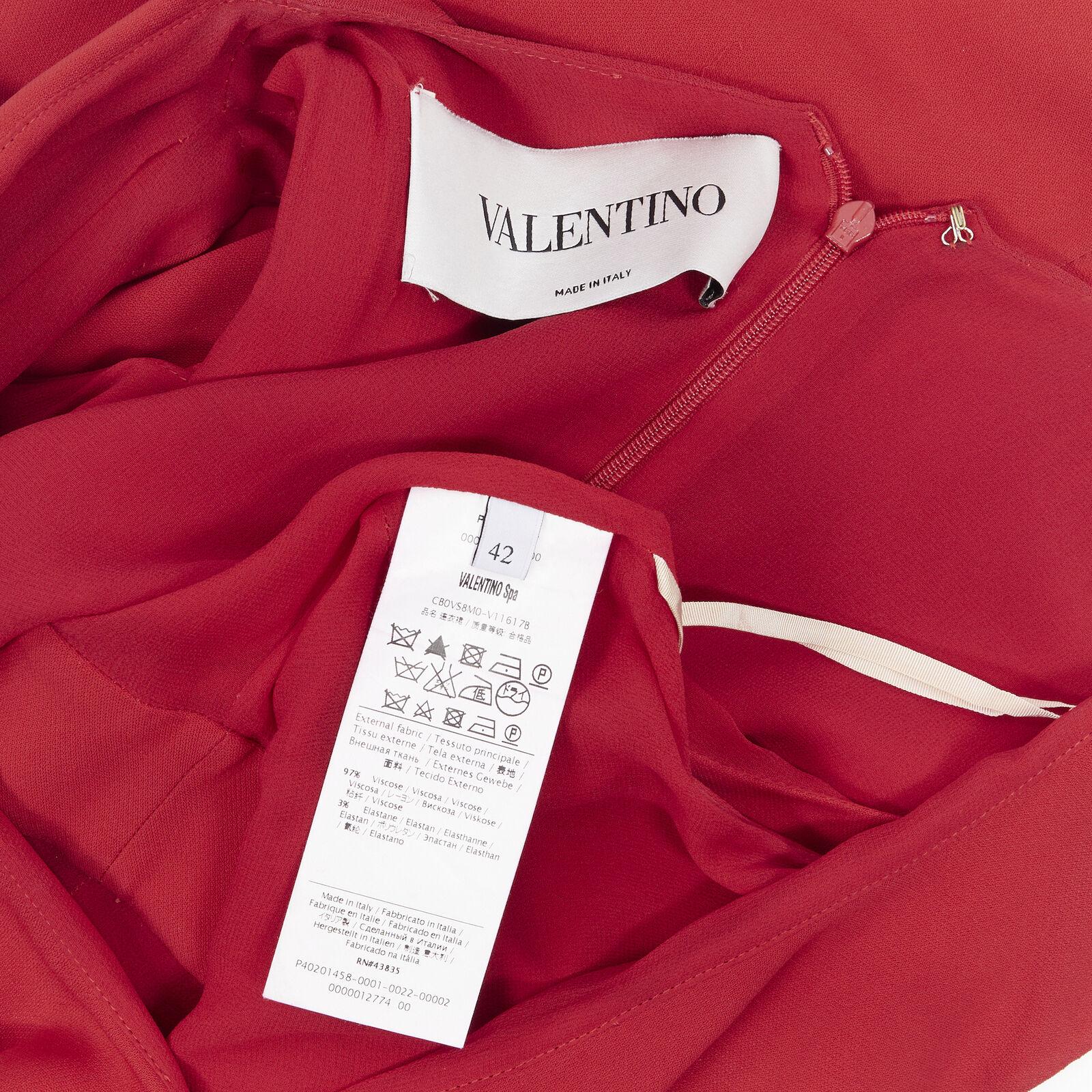 VALENTINO red crepe ruffle plunge neck sheath cocktail dress IT42 M For Sale 6
