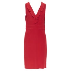 VALENTINO red crepe ruffle plunge neck sheath cocktail dress IT42 M