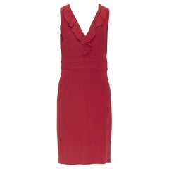 VALENTINO red crepe ruffle plunge neck sheath cocktail dress IT42 M