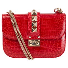 VALENTINO red CROCODILE GLAM LOCK SMALL Shoulder Bag