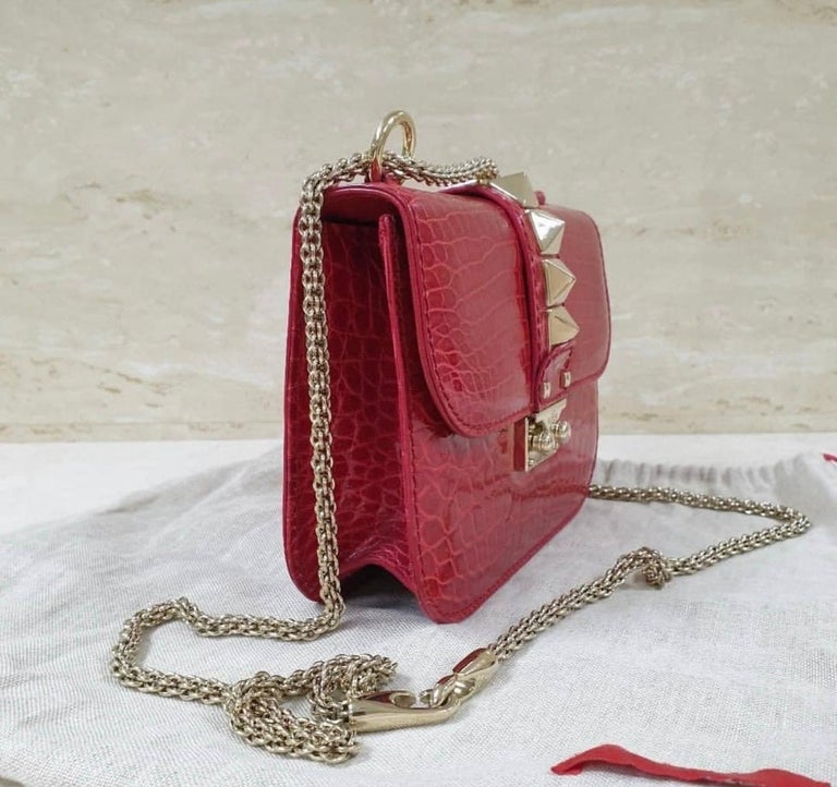 Valentino Red Crocodile Small Glam Lock Shoulder Bag For Sale at