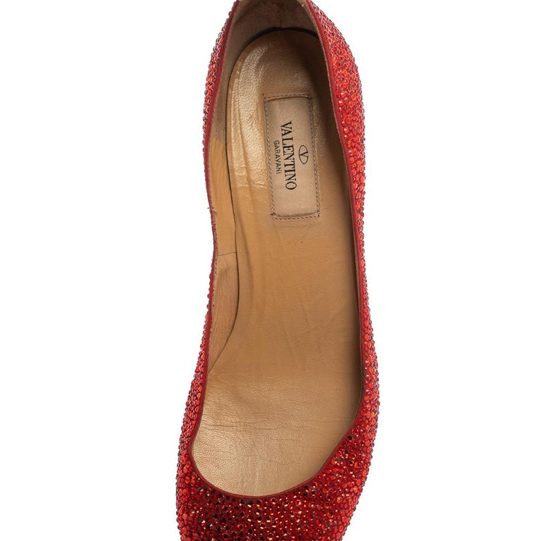 Valentino Red Crystal Embellished Suede Block Heel Ankle Strap Pumps Size  39 at 1stDibs