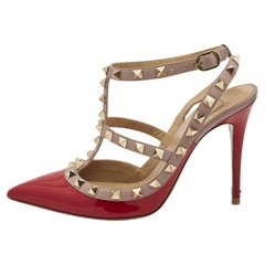 Valentino Red/Dusty Pink Patent and Leather Rockstud Ankle Strap Pumps Size 36