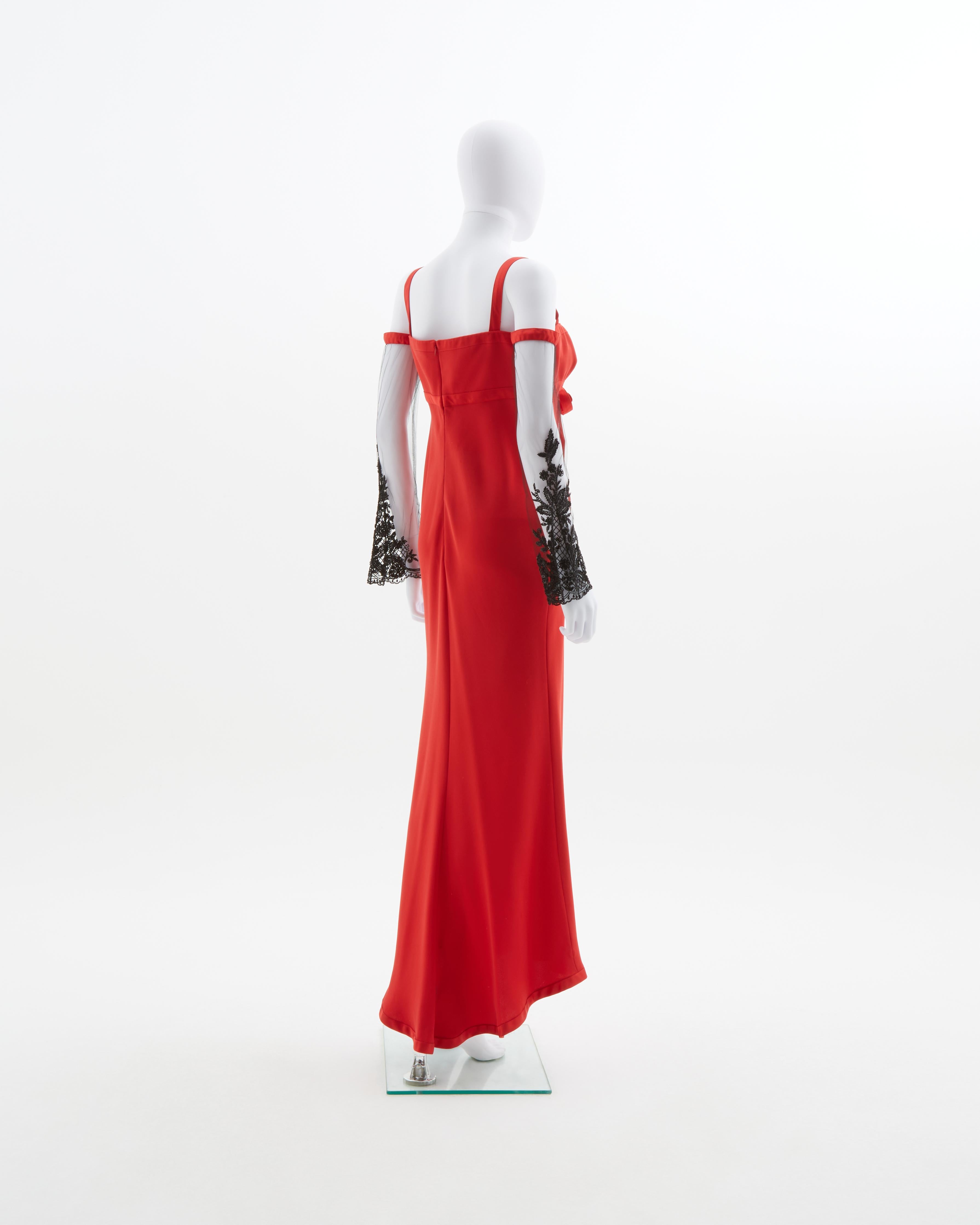 Red Valentino red evening dress with embellished lace sleeves, fw 2005 For Sale