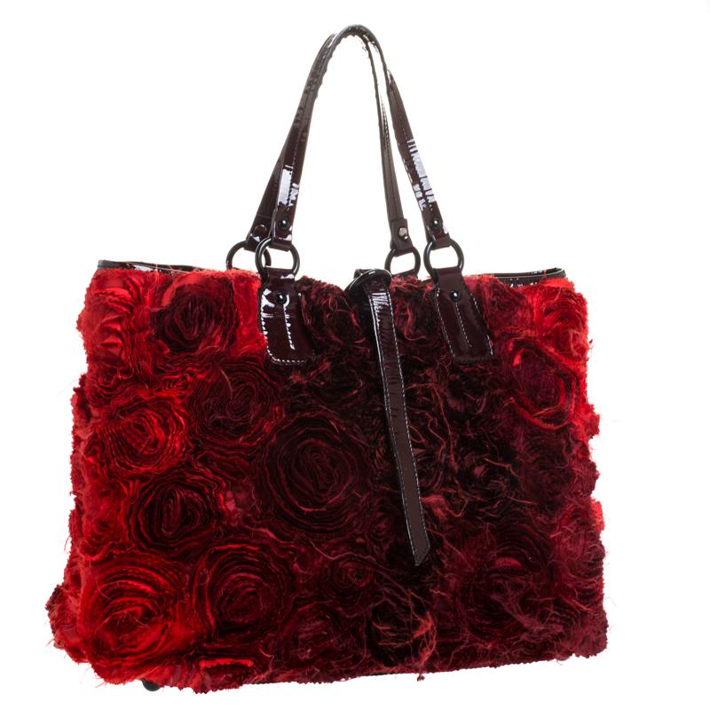 Valentino Red Floral Applique Satin and Patent Leather Shopper Tote 6