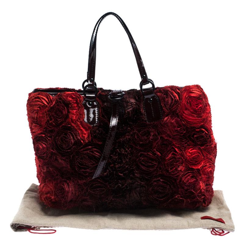 Valentino Red Floral Applique Satin and Patent Leather Shopper Tote 6