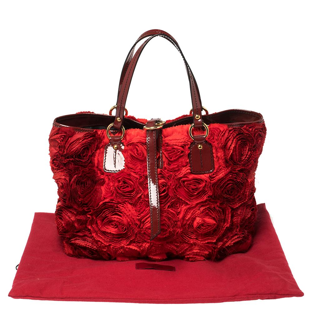 Valentino Red Floral Applique Satin and Patent Leather Shopper Tote 7