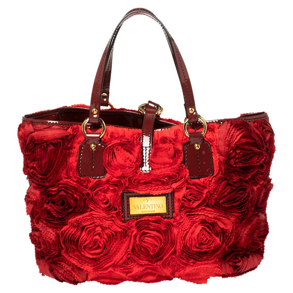Women's Valentino Red Floral Applique Satin and Patent Leather Shopper Tote