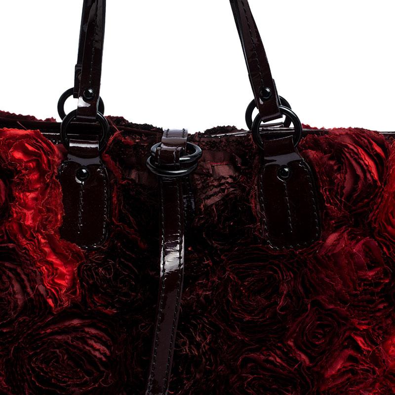 Black Valentino Red Floral Applique Satin and Patent Leather Shopper Tote