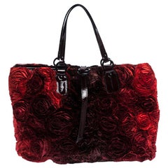 Valentino Red Floral Applique Satin and Patent Leather Shopper Tote