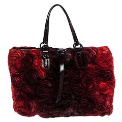 Valentino Red Floral Applique Satin and Patent Leather Shopper Tote