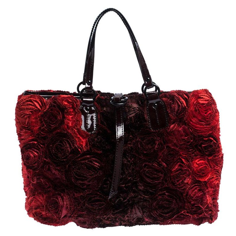 Valentino Red Floral Applique Satin and Patent Leather Shopper