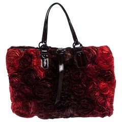 Valentino Red Floral Applique Satin and Patent Leather Shopper Tote