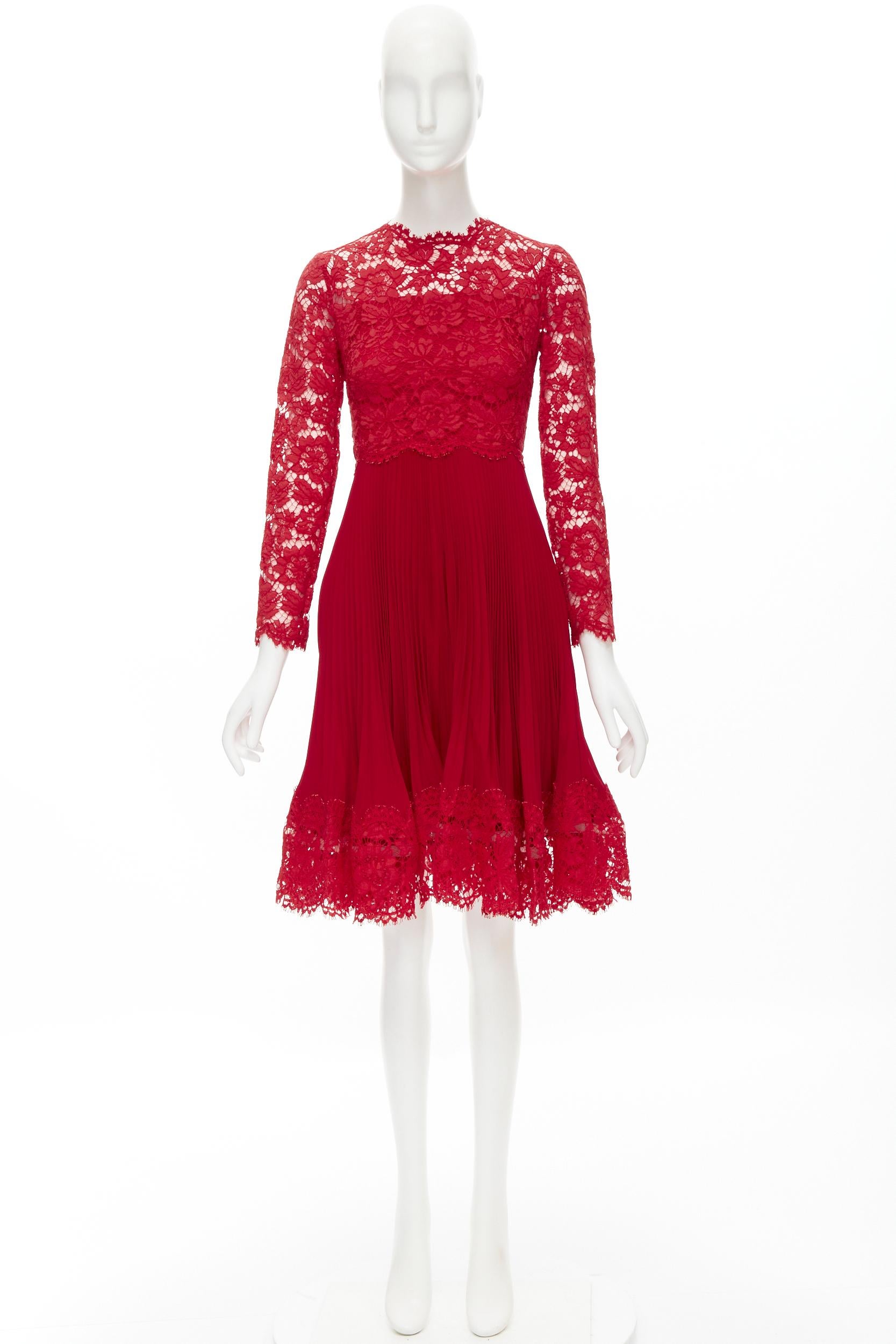 VALENTINO red floral lace knife pleat skirt cocktail dress IT38 XS For Sale 5