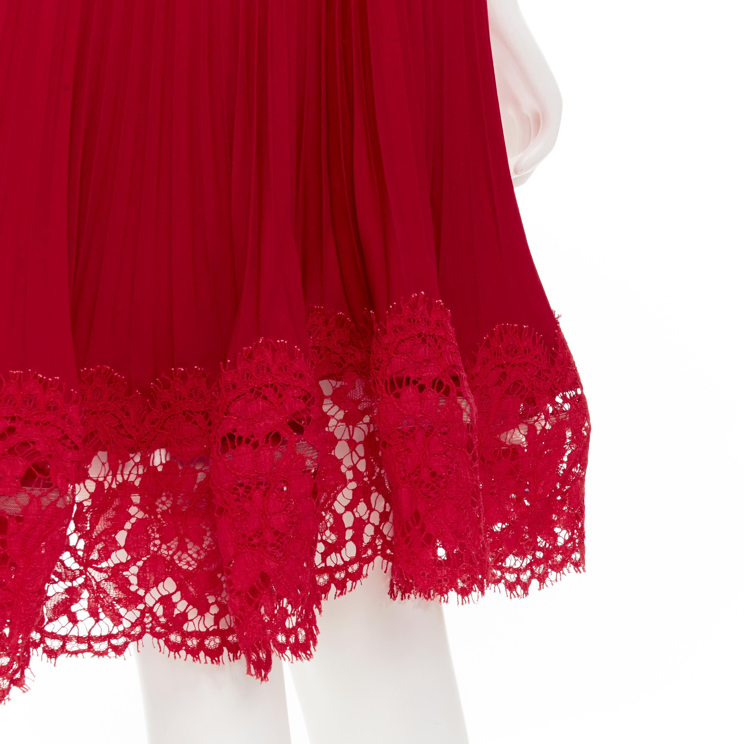 VALENTINO red floral lace knife pleat skirt cocktail dress IT38 XS 
Reference: TGAS/B02028 
Brand: Valentino 
Material: Silk 
Color: Red 
Pattern: Solid 
Closure: Zip 
Extra Detail: Lace bodice. Knife pleated skirt. lace trimming at hem. 
Made in: