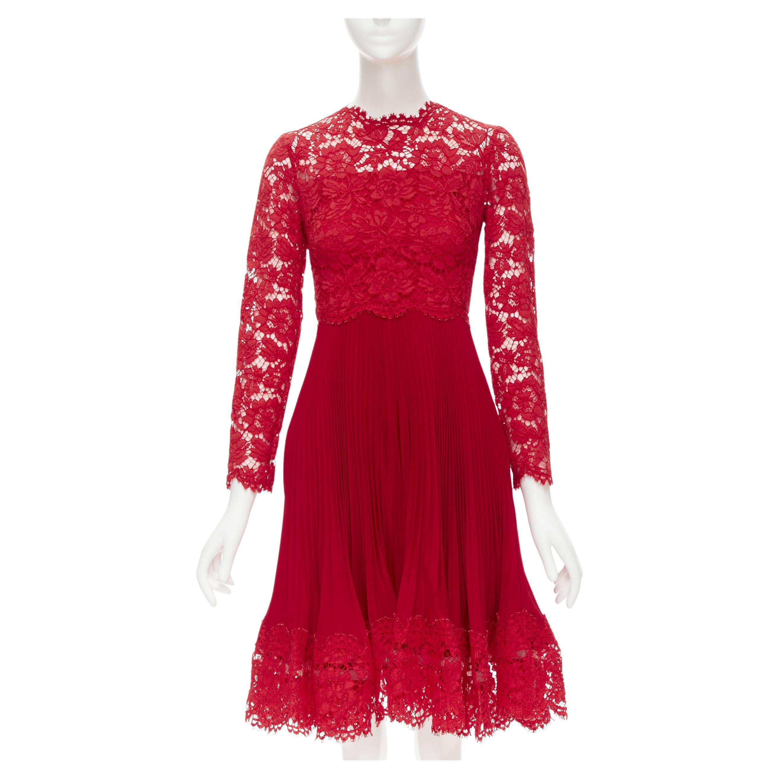 VALENTINO red floral lace knife pleat skirt cocktail dress IT38 XS For Sale