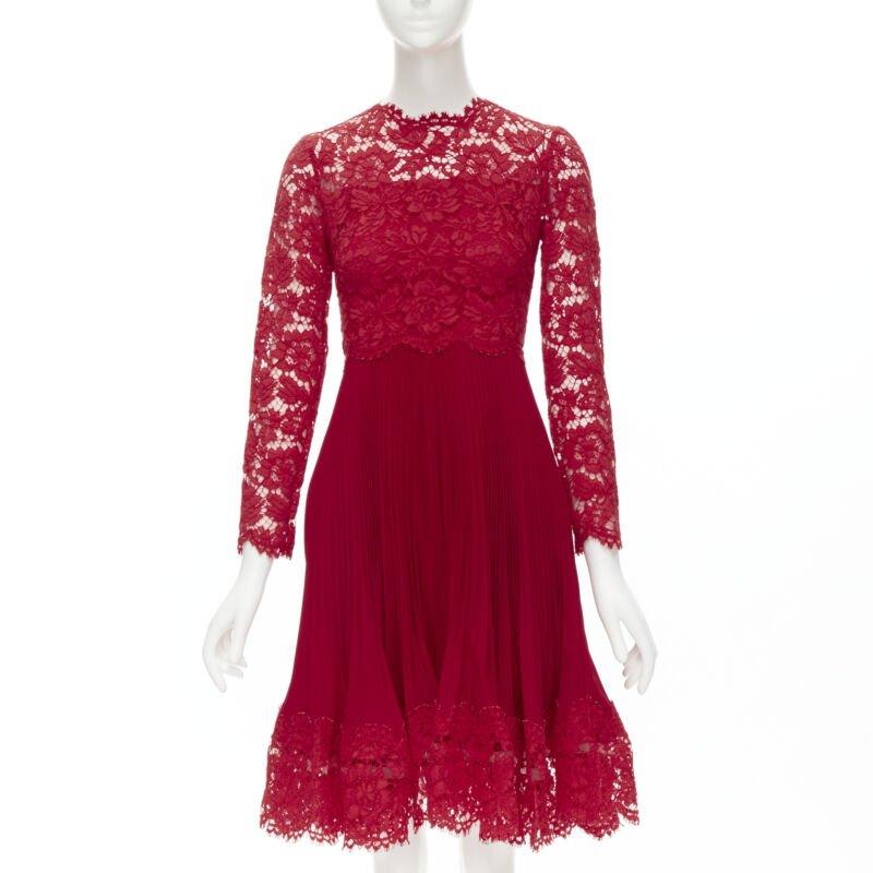 VALENTINO abito da cocktail in pizzo floreale rosso con pieghe a coltello IT38 XS