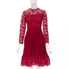 VALENTINO red floral lace knife pleat skirt cocktail dress IT38 XS