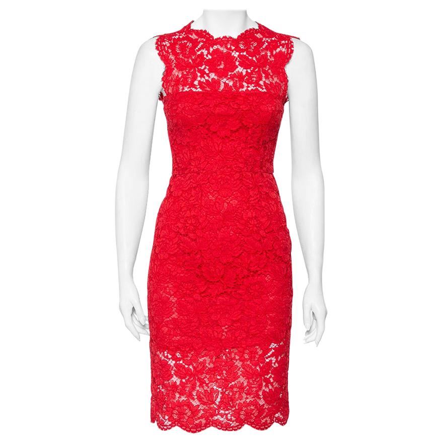 Valentino Red Floral Lace Sleeveless Sheath Dress S