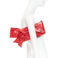 VALENTINO red glossy scaled leather oversized bow top zip evening clutch bag